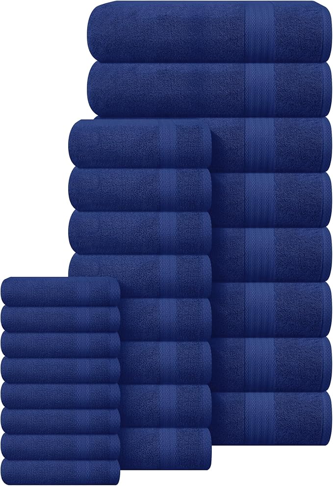 GLAMBURG Ultra Soft 24-Piece Towel Set - 100% Pure Ringspun Cotton, Contains 8 Oversized Bath Towels 27x54, 8 Hand Towels 16x28, 8 Wash Cloths 13x13 - Ideal for Everyday use, Hotel & Spa - Navy Blue