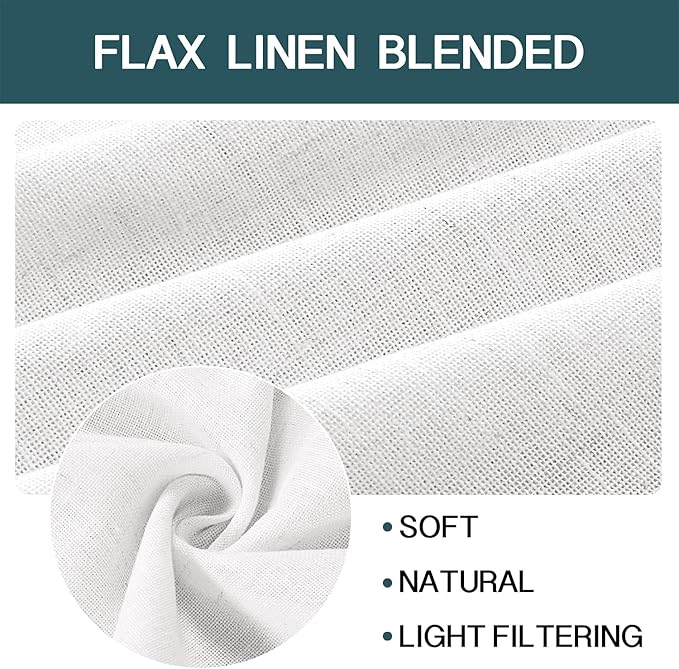 FantasDecor White Linen Curtains for Living Room 96 inch Length Rod Pocket Flax Linen Burlap Semi Sheer with Light Filtering Privacy Window Treatments for Bedroom, W52 x L96, White