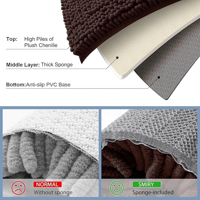 Smiry Luxury Chenille Bathroom Rugs 47x20, Extra Soft and Absorbent Shaggy Bath Mat, Machine Washable, Non-Slip Plush Carpet Runner for Tub, Shower, and Floor, Home Decor Accessories, Brown