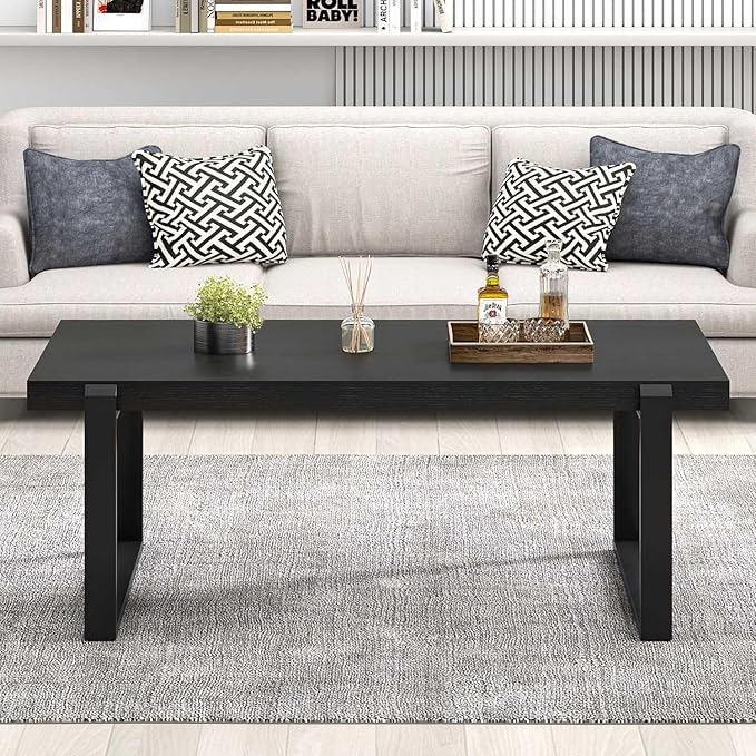 FOLUBAN Black Coffee Table, Modern Industrial Wood and Metal Center Table, Rectangle Cocktail Tea Table for Living Room, 47 Inch