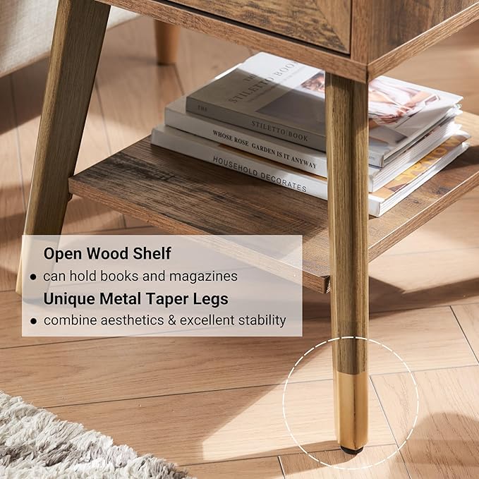 Mid Century Modern End Table for Living Room, Rustic Oak Small Side Tables with Charging Station, Outlets and USB Ports, Wood Nightstand with Storage Drawer and Open Shelf