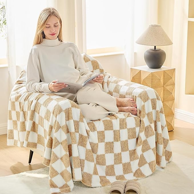 EMME Checkered Blanket Twin Size - 60"x80" Beige Knit Blanket Soft Fluffy Patterned Throw Blankets for Couch, Sofa, Chair, Bed, Camping, Picnic, Travel