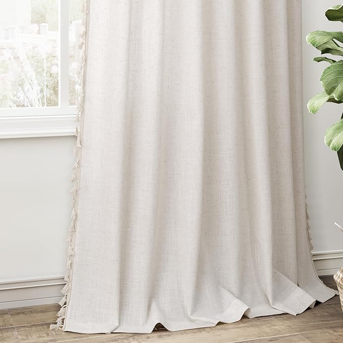 Beige Boho Linen Curtains 72 Inches Long 2 Panels Textured Farmhouse Semi Sheer Window Curtains Tassels Back Tab Neutral Light Filtering Chic Curtain Drapes for Living Room Bedroom 52x72