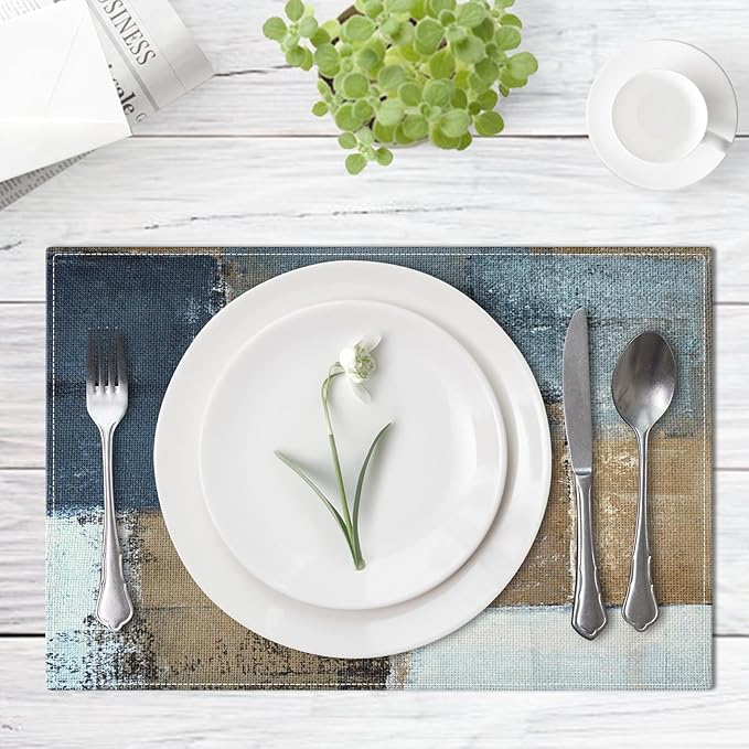 Emvency Farmhouse Placemats Set of 4, Vintage Brown and Blue Abstract Art Painting 12x18 Inch Table Mats for Outdoor Home Party Kitchen Dining Decoration