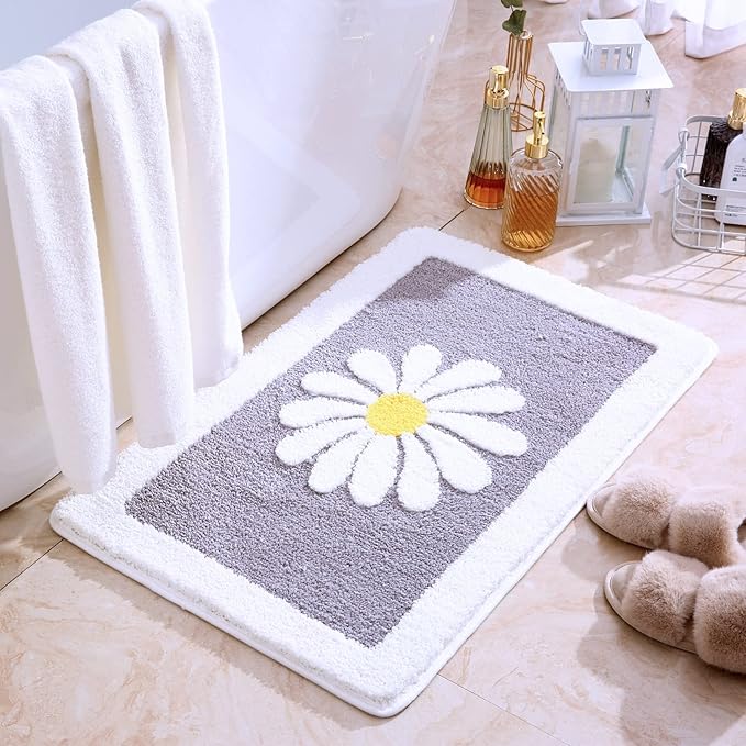 Bathroom Mat, White Flower Fluffy Soft Superfine Fiber Rugs Non Slip Machine Wash Plush Bath Rugs for Bathroom Shower Room (20x32, Gray)
