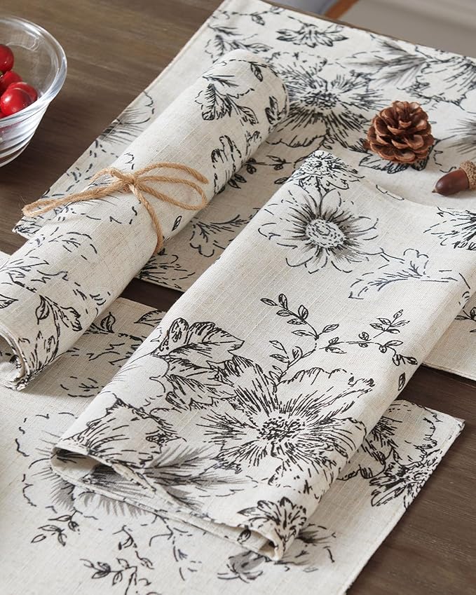 JINCHAN Floral Placemats Set of 4 Farmhouse Fall Autumn Linen Placemats Cloth Table Mats Holiday Seasonal Rustic for Kitchen Dining Table Decor Heat Resistant Washable Tablemats 13x19 Inch Black