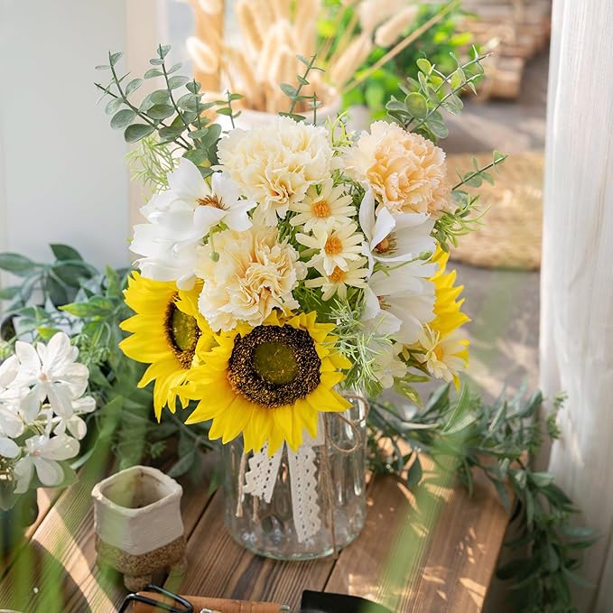LUEUR Fake Flowers Artificial Sunflowers with Vase, Faux Silk Carnation,Daisy Flowers for Home Office Decorations, Kitchen Dining Table Decor, Farmhouse Centerpiece Table Decoration