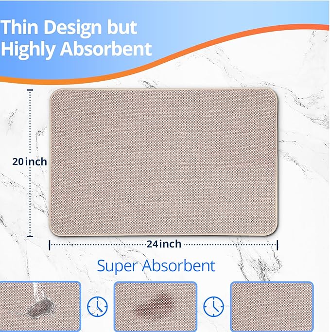 Upgraded Thin Bathroom Rugs, Bath Mat Super Absorbent, Bath Rugs Rubber Backing Non-Slip, Quick Dry Machine Washable, Cozy Cloth Bathroom Mat fit Under Door/Sink/ Bathtub/Shower/Kids 20''x24''-Biege
