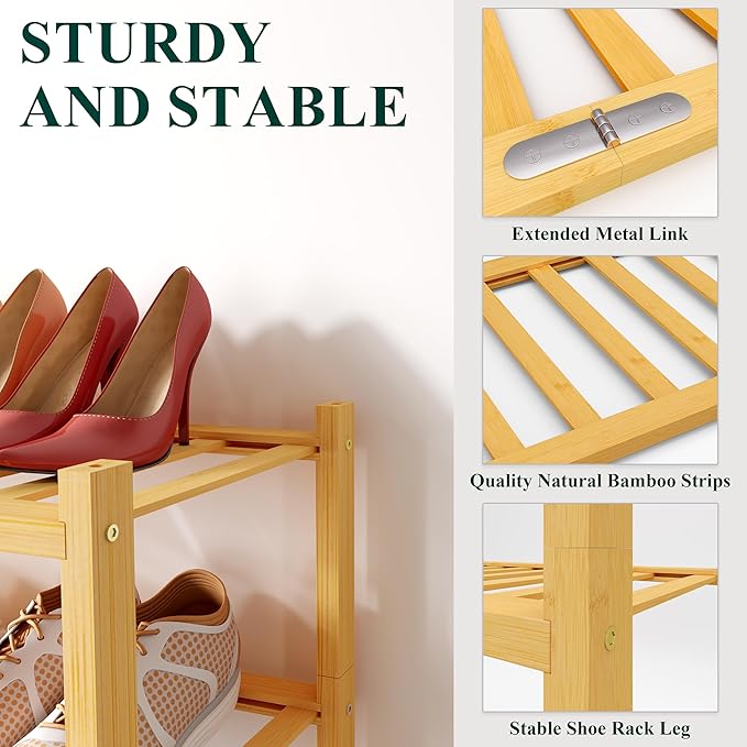 Smiry Shoe Rack, 5 Tier Bamboo Shoe Organizer, Stackable Free Standing Wooden Shoe Storage Shelf for Closet, Entryway, Front Door Entrance, Natural