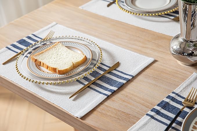 Placemats Set of 4 for Dining Table, Woven Cloth Place Mats for Kitchen Tabletop Décor, Handcrafted Machine Washable Cotton Table mats 13 x 19 Inch, Navy Blue and Beige