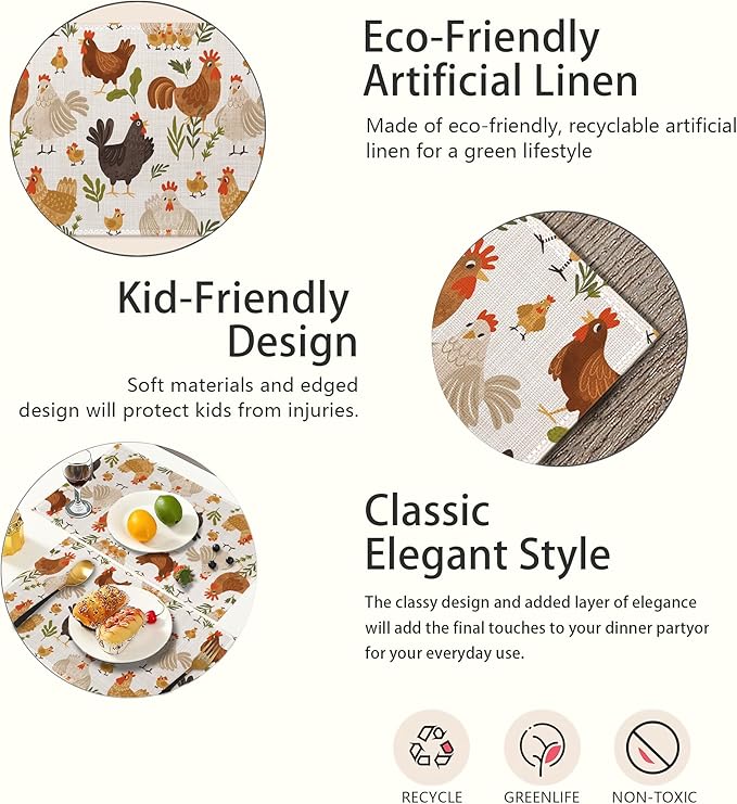 Cute Roosters Chickens Hen Placemats Set of 6, Waterproof Non-Slip Washable Table Mats Set for Kitchen Dining Holiday Party Wedding Decor 12x18 Inch