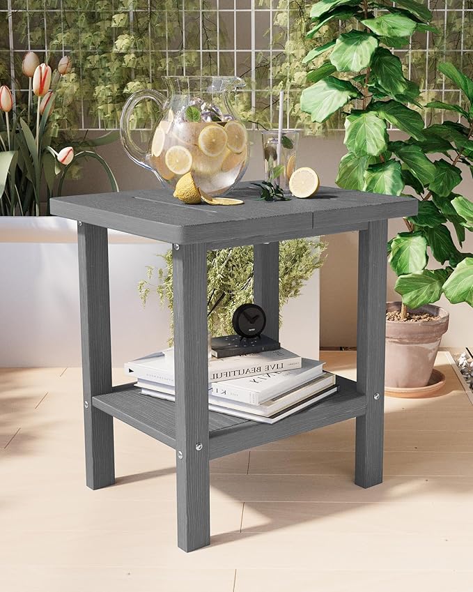 2-Tier Adirondack Square Outdoor Side Table, Pool Composite Patio Table, Weather Resistant End Table for Patio, Backyard, Pool, Easy Maintenance - Gray