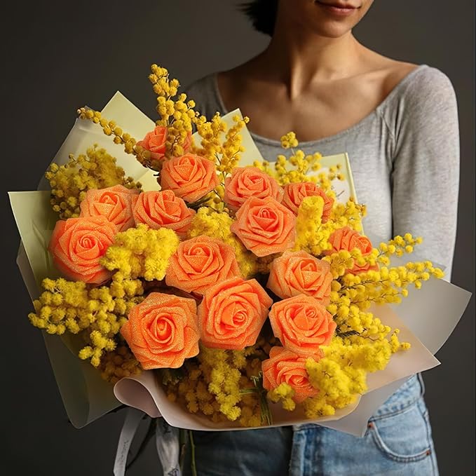 N&T NIETING Artificial Roses Flowers, Fake Glitter Flowers Burnt Orange Roses Perfect for DIY Wedding Bridal Bouquets Centerpieces Bridal Shower Party Home Flower Arrangement Decorations, 25Pcs