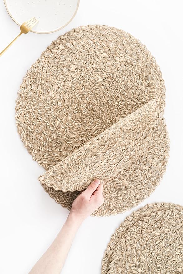Floroom 15 Inch Round Braided Placemats Set of 6, Washable Heat Resistant Cotton Polyester Circle Boho Place Mats for Kitchen Dining Table - Dunes Khaki