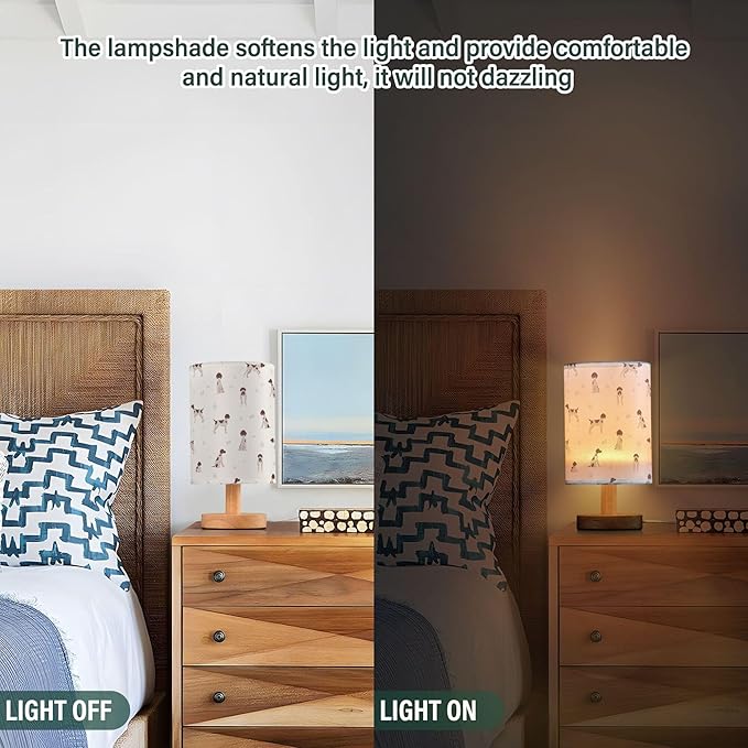 Table Lamp Cute Dog German Shorthaired Pointer Pattern Nightstand Lamp with Wood Base Fabric Lamp Shade Bedside Desk Lamp for Living Room Bedroom Kids Room Office