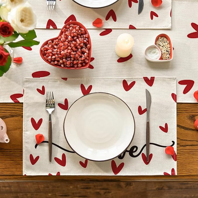 Artoid Mode White Love Valentine Placemats Set of 4, 12x18 Inch Seasonal Anniversary Holiday Table Mats for Party Kitchen Dining Decoration