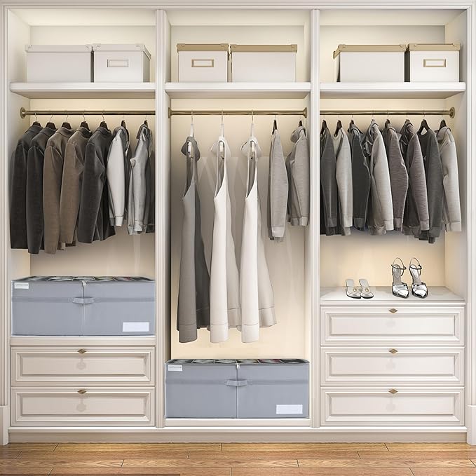 Shoe Organizer for Closet, Fits 24 Pairs, Large Shoe Box Storage Containers, Clear Foldable Shoe Storage Bins w/Bottom Support, Space Saving Closet Shoes Holder w/Reinforced Handles, Gray