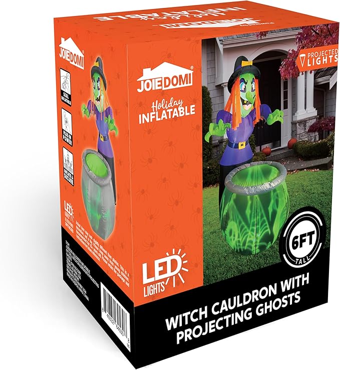 Joiedomi 6 Ft Halloween Inflatable Witch and Cauldron Decoration with Projecting Rotating Green Ghost Light, Inflatable Yard Decor Blow Up with Build-in LEDs for Halloween Party Indoor, Outdoor Decor