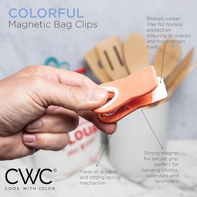 COOK WITH COLOR Bag Clips with Magnet- Food Clips, Chip Clips, Bag Clips for Food Storage with Airtight Seal Grip for Bread Bags, Snack Bags and Food Bags (Bright Colors, Pack of 20)
