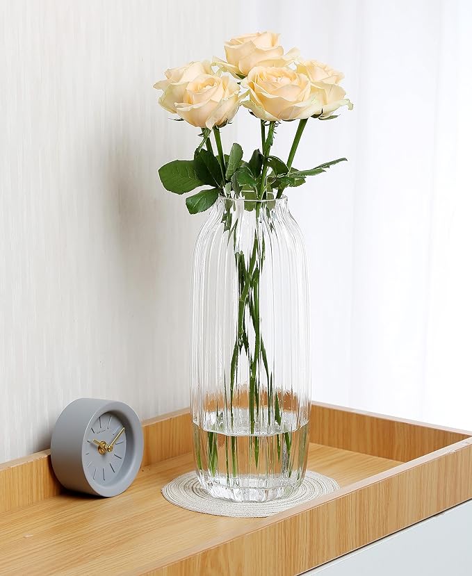Large Clear Glass Vase for Flowers Bud Tall Glass Vases,H-12.6" Simple Striped Design for Home Floor Decor,Farmhouse Decor, Centerpiece Coffee Table Decorations