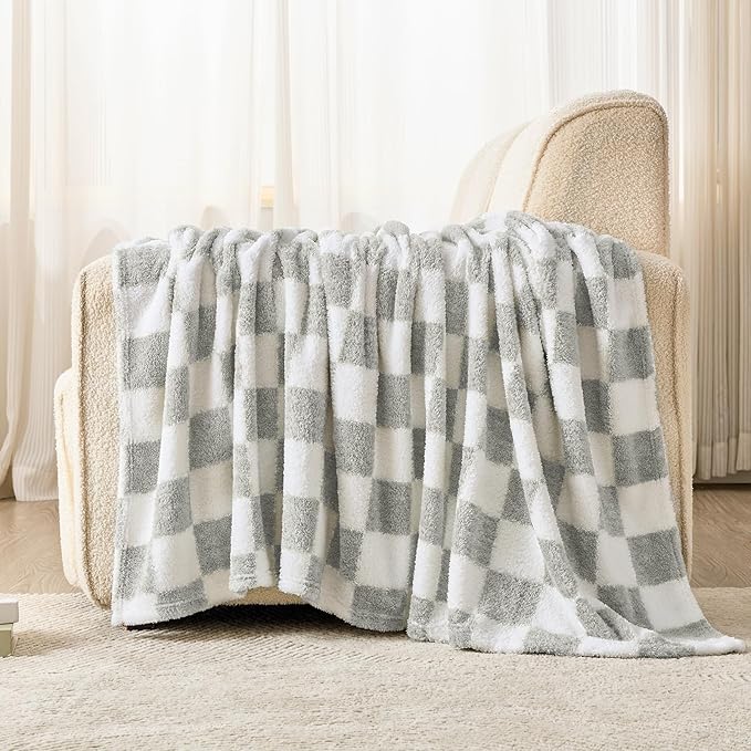 EMME Checkered Blanket Twin Size - 60"x80" Grey Knit Blanket Soft Fluffy Patterned Throw Blankets for Couch, Sofa, Chair, Bed, Camping, Picnic, Travel