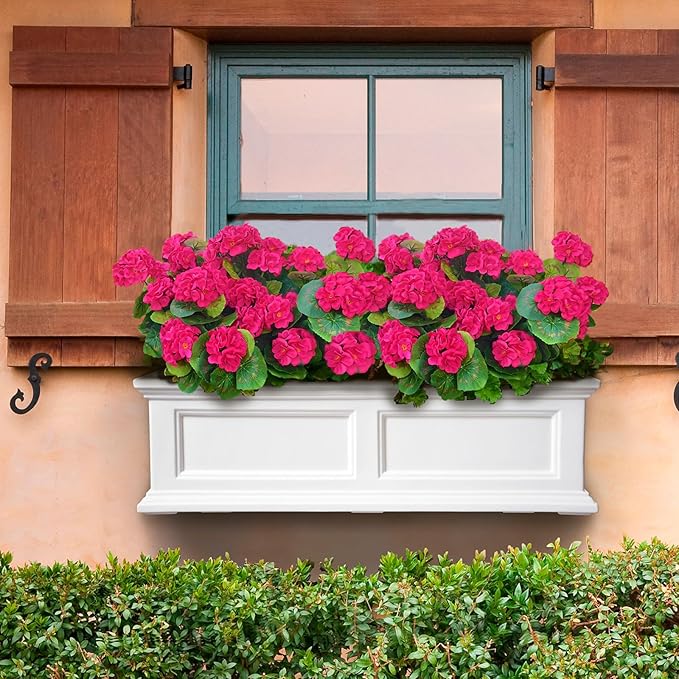 Fake Outdoor Flowers, 4 Pcs Artificial Flowers For Outdoors, Rose Red Artificial Geraniums Plastic Flowers, Fake Plant For Outside, Silk Faux Flowers For Outdoor Planters UV Resistant For Front Porch