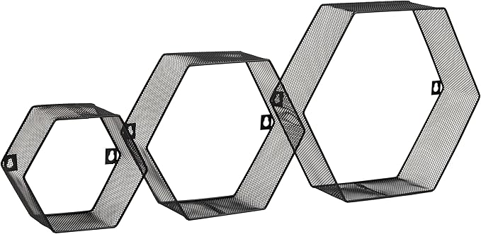 Mind Reader Hexagon Floating Shelves, Wall Decor, Honeycomb Accent Shelf, Office, Metal Mesh, 14" L x 4" W x 12" H, Set of 3, Black