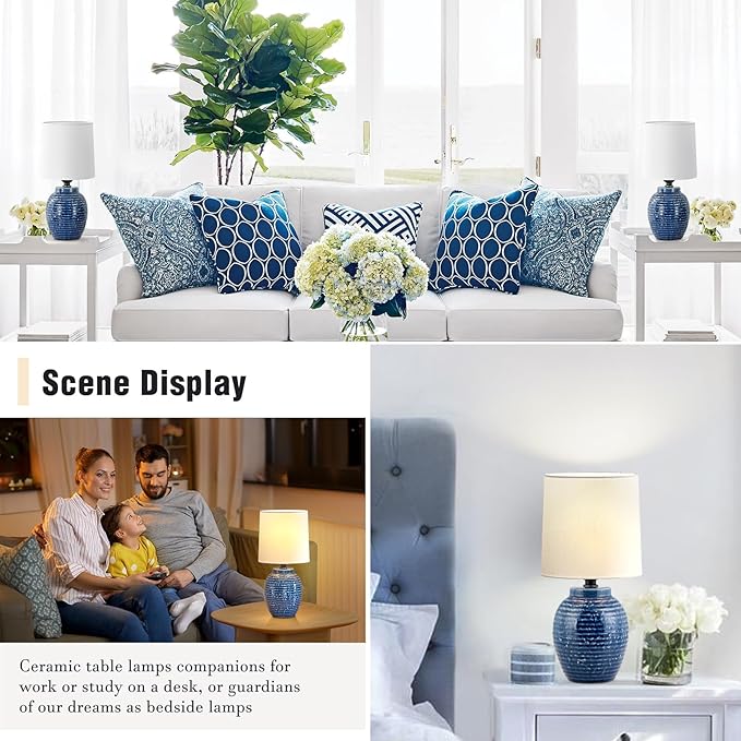 Ceramic Lamps Set of 2 - Mini Farmhouse Lamps Vintage Small Lamps Decorative for Small Spaces Bedroom Nightstand Living Room Reading Desk End Table Lamp, Blue
