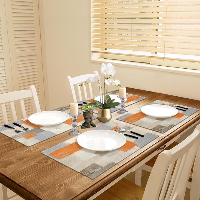 Emvency Farmhouse Placemats Set of 4, Vintage Orange and Grey Art Painting 12x18 Inch Abstract BeigeTable Mats for Outdoor Home Party Kitchen Dining Decoration