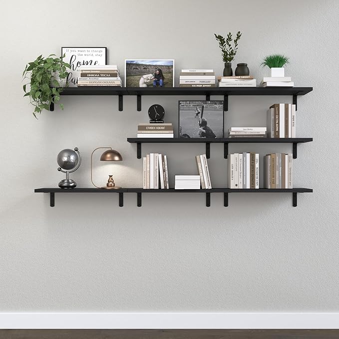 Floating Shelves, 8 Sets Wall Shelves, Wooden Floating Shelves for Bedroom Wall Décor, Wall Mounted Floating Bathroom Shelf for Storage, Floating Book Shelf Living Room – Black