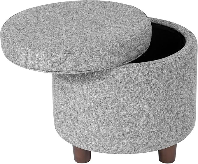 Homepop Home Decor | Upholstered Round Storage Ottoman | Ottoman with Storage for Living Room & Bedroom, Light Gray Tweed Large