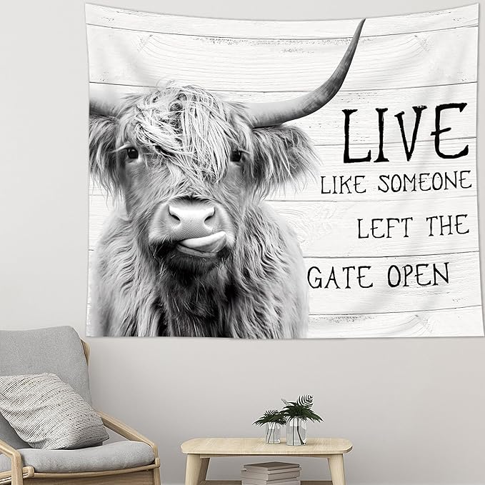 AMBZEK Funny Highland Cow Tapestry 51Hx59W Inch Rustic Farmhouse Western Inspirational Quotes Wood Bull Cattle Barn Farm Animal Wildlife Country Art Wall Hanging Bedroom Living Room Dorm Decor Fabric