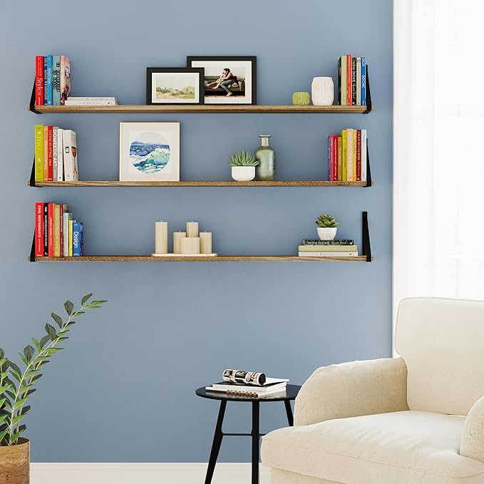 Wallniture Bora Long Floating Shelves, Wall Bookshelf Living Room Decor Book Shelves for Office, Kitchen Organization Bedroom Decor Burnt, 48"x6" Set of 3