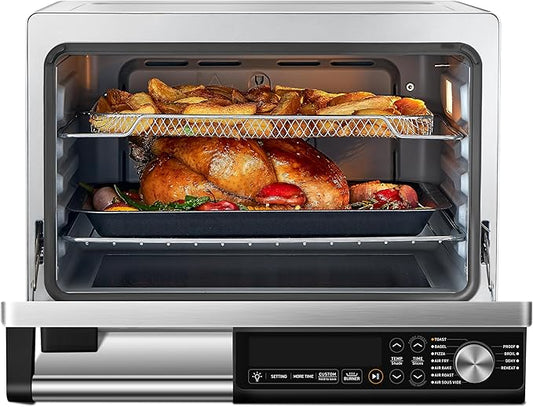 COSORI Ceramic Air Fryer Toaster Oven Combo, 11-in-1 Flat-Sealed Heating Elements for Easy Cleanup, Innovative Burner Function, 6 Accessories & Recipes, 26QT, Silver, Stainless Steel