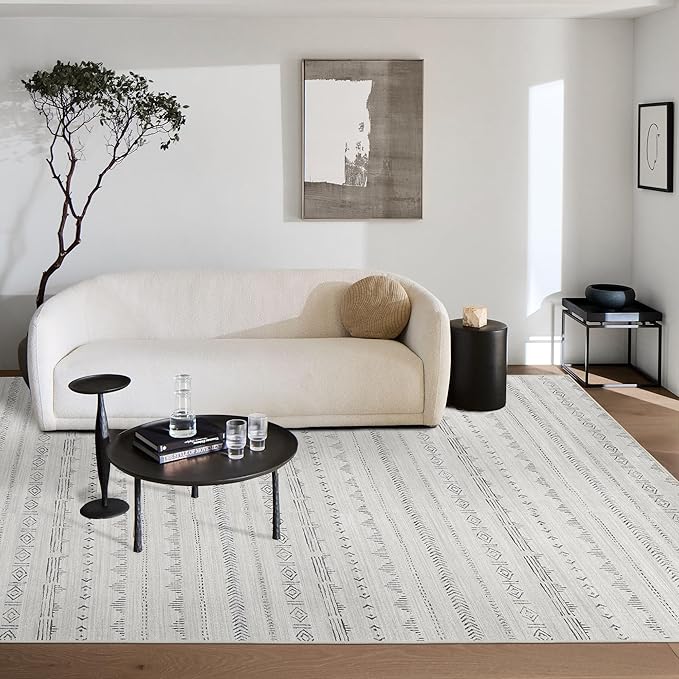 Deerly Large 8x10 Area Rugs for Living Room, Moroccan Rug 8x10 Boho Farmhouse Washable Rug with Non-Slip Backing, Neutral Morden Indoor Carpet for Bedroom Dining Room, Light Grey