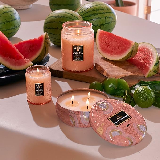 Voluspa Kalahari Watermelon, Mini Tin Candle, 4 oz, 25 Hour Burn Time, Coconut Wax Candle for The Home, Handcrafted in The USA