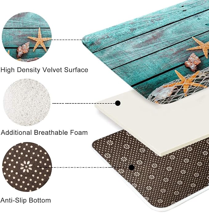 Britimes Bath Mat for Bathroom, Beach Seashells Starfish Sand Washable Cover Floor Rug Carpets Floor Mat Bathroom Decorations 20x32 Inches for Kitchen Bedroom Indoor