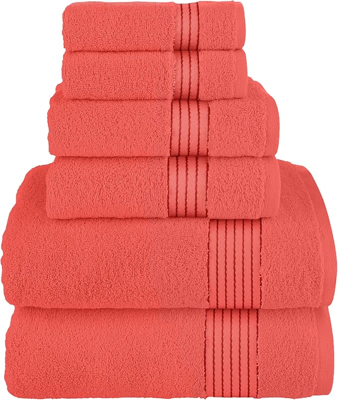 Elegant Comfort Premium Cotton 6-Piece Towel Set, Includes 2 Washcloths, 2 Hand Towels and 2 Bath Towels, 100% Turkish Cotton - Highly Absorbent and Super Soft Towels for Bathroom, Coral