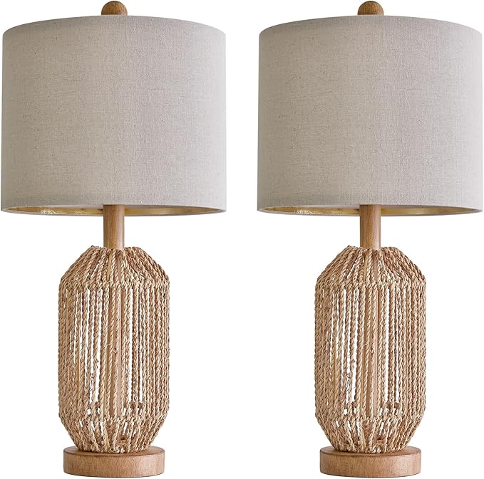 OYEARS 21" Boho Table Lamps Set of 2 for Living Room, Bedside Lamps for Nightstand, Rattan Lamp for Bedroom, Farmhouse Table Lamps for Boho Decor, End Table, Retro, Brown