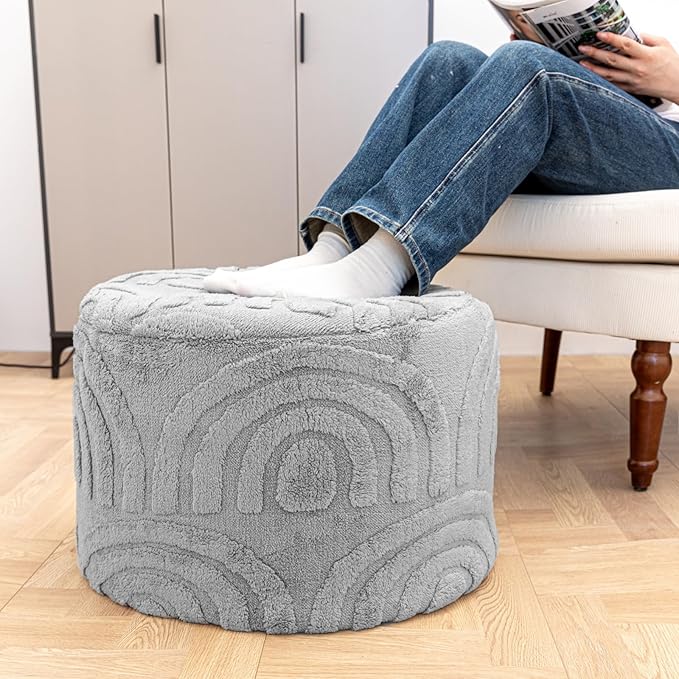 Asuprui Round Ottoman Pouf Ottoman Foot Stool Seat Faux Fur Bean Bag Foot Rest Floor Chair Leg Rest for Living Room, Bedroom or Wedding Gifts 20x20x14 Inches (Quiet Gray)
