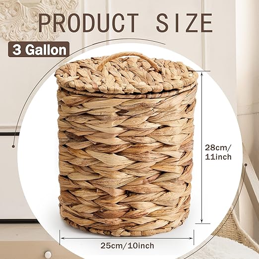 Ctosree 3 Gallons Small Wicker Trash Can with Lid Handle Woven Wicker Rattan Bathroom Waste Basket Boho Trash Basket with 100 Plastic Garbage Bags for Bedroom Office Laundry (Classic Style)