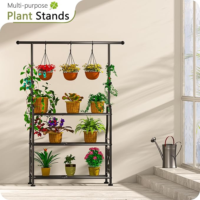 GIOTORENT Outdoor Plant Stand 3-Tier Heavy Duty Metal Shelf for Patio & Indoor Use - Holds 14+ Plants with 5 Hooks, Rust-Proof Plant Holder for Garden, Balcony, Living Room, Black