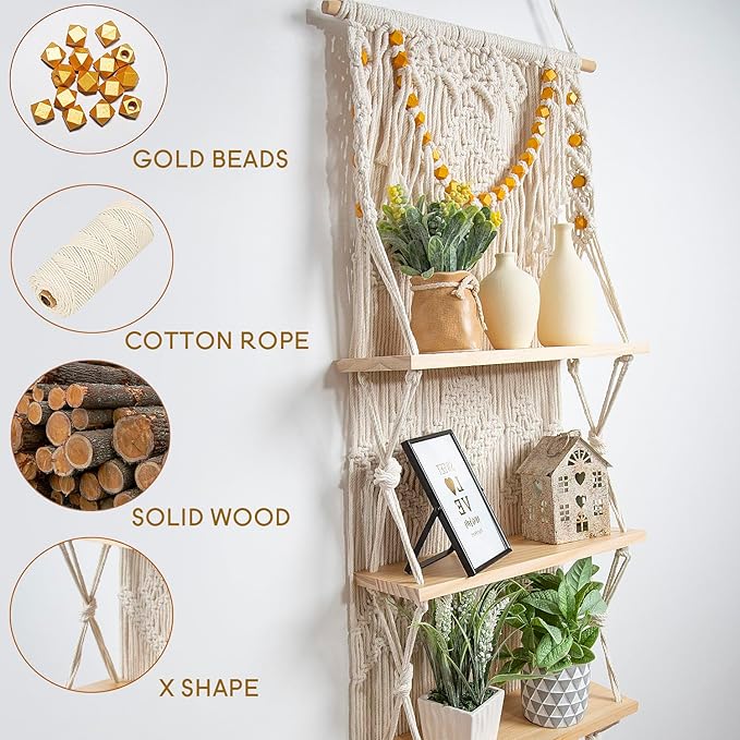 jontell Macrame Wall Hanging Shelf- Macrame Shelves Handmade Decorative Floating Boho Shelf-Plant Shelf Display Rack to Organize and Decor for Living Room, Bedroom, Bathroom