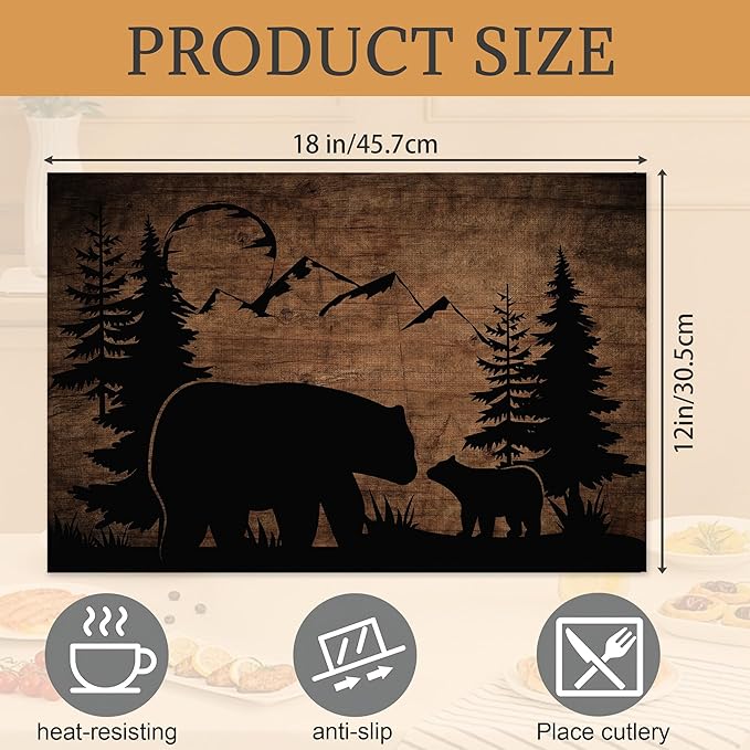 Bear Lodge Placemats Set of 6,Washable Heat Resistant 12×18 Inch Linen Table Mats Farmhouse Wooden Place Mats for Party Outdoor Dining Décor