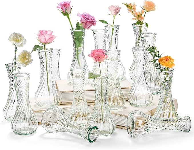 16 Pack Glass Bud Vase, Clear Small Flower Vases in Bulk, Vintage Glass Vases for Centerpieces, Mini Vase Floral Bottle for Rustic Wedding Home Table Decor, Floral Party Arrangements