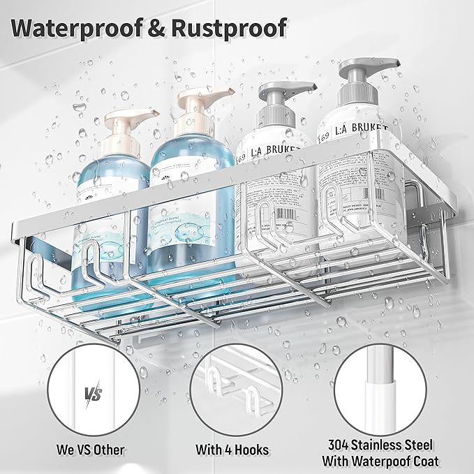 10 Pack Shower Caddy Organizer Rack Shelf for Inside Shower, Self Adhesive Wall Storage Basket Rustproof Stainless Steel Shampoo Holder Bathroom Accessory Decor Set, Silver
