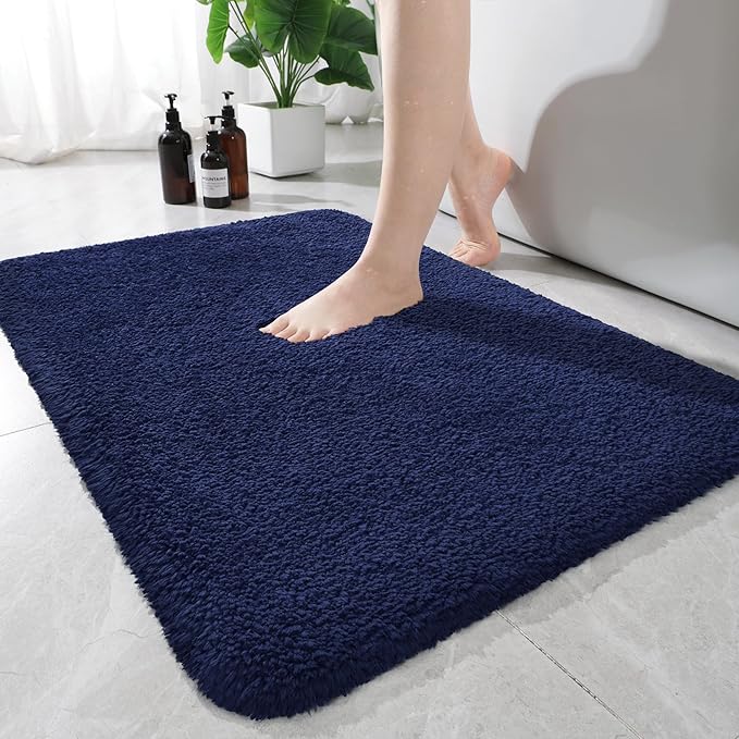 AROGAN Luxury Long Bathroom Runner Rug, 24x36 Inch Thick Soft and Absorbent Microfiber Non Slip Bath Mat, Rubber Backing Quick Dry Rugs Carpets, Machine Washable Plush Mats for Shower Floor, Navy Blue