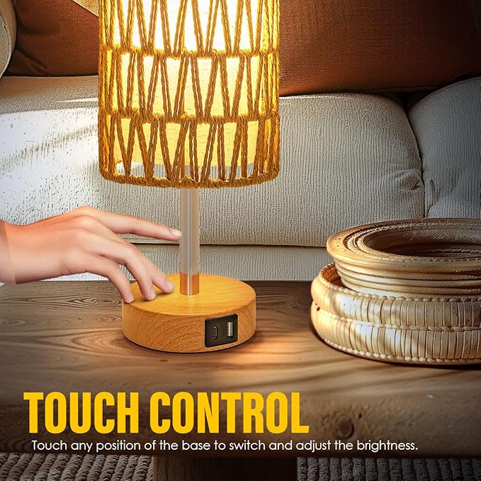 Yarra-Decor Bedside Lamp with USB Port - Touch Control Table Lamp for Bedroom (Rattan2)