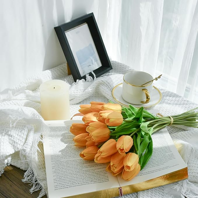 Mandy's Artificial Tulips 20 Stems Gold PU Faux Flowers for Wedding Home Decor 13.5 Inch