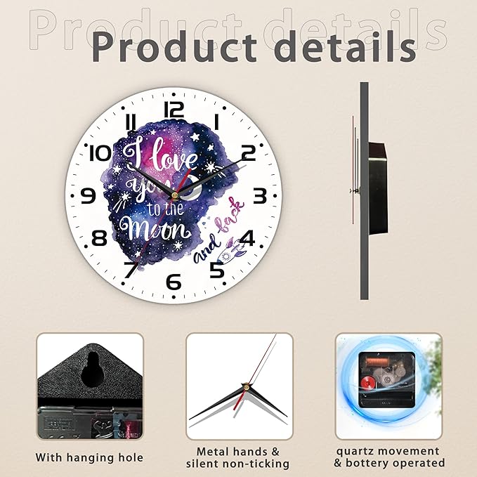 Galaxy Star Vintage Wooden Battery Operated I Love You to The Moon Non Ticking 10 inch Silent Art Bedroom Kitchen Clock Home Decor for Girls Kids